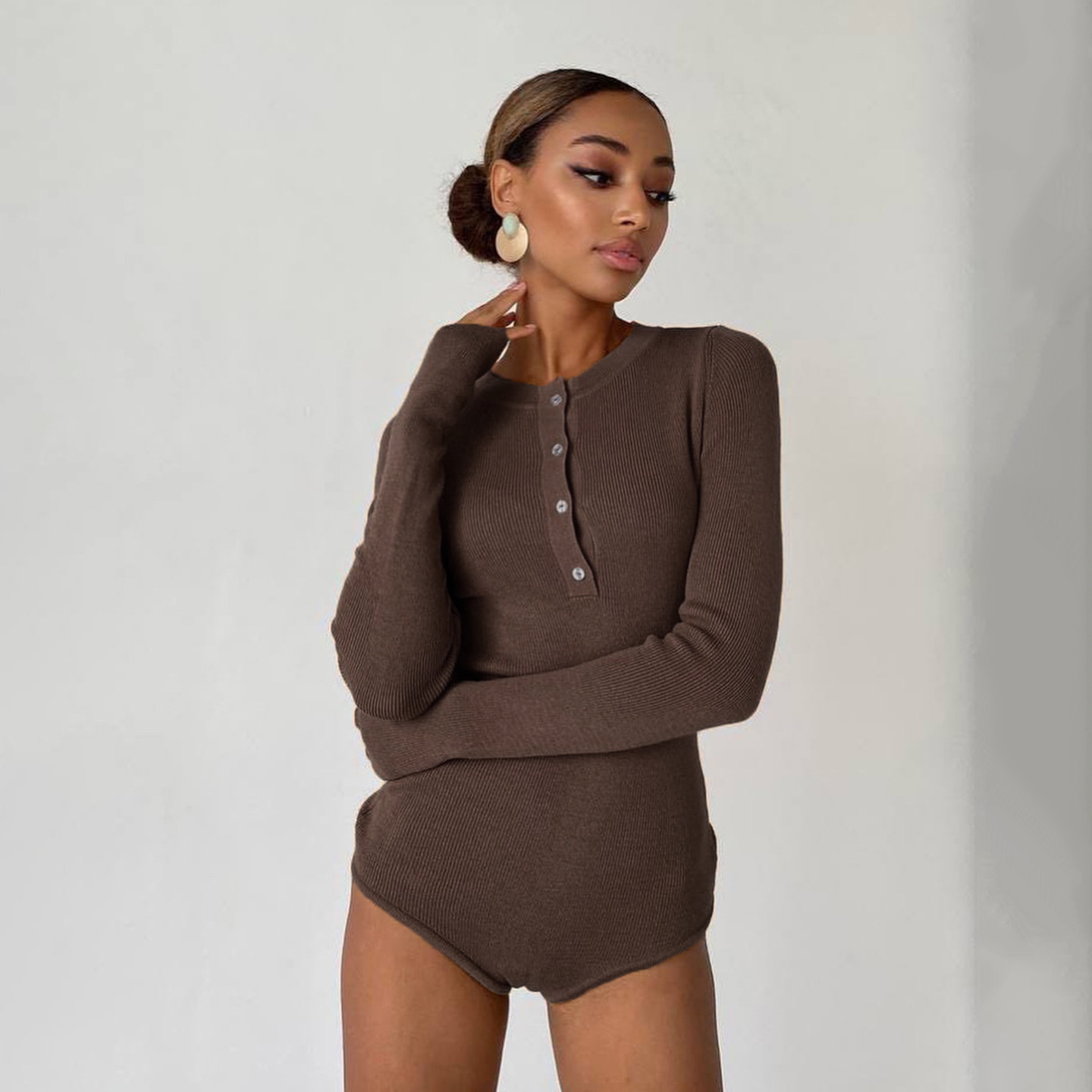 欧美风气质半开领修身毛织连体衣跨境秋冬复古新款紧身打底衫上衣