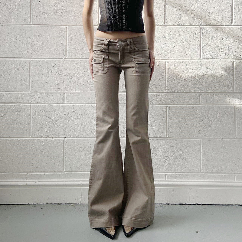 个性美式复古工装风口袋牛仔微喇裤洗水做旧设计低腰辣妹休闲