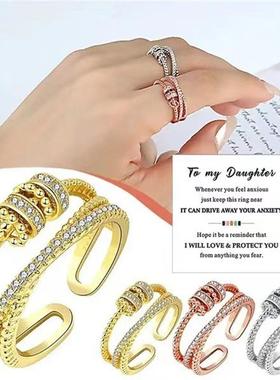 跨境爆款时尚潮流灵动焦虑时来运转戒指女个性双层锆石开口食指戒