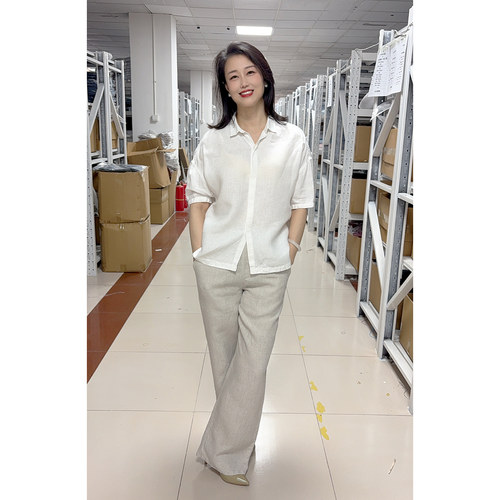 出口日单外贸100%汉麻开衫女款翻领短袖春夏凉爽休闲简约女士衬衫