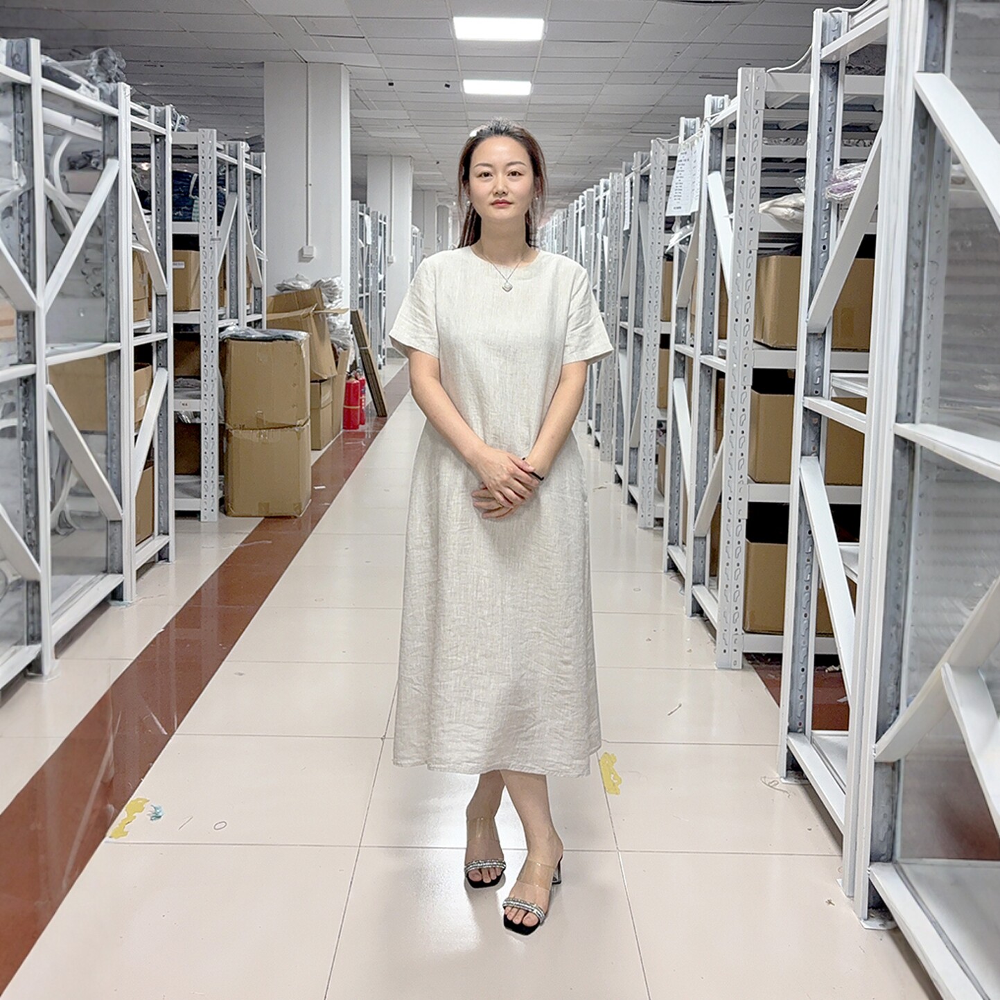 外贸尾单100%纯汉麻圆领短袖纯色款连衣裙A字版长裙透气吸汗夏季图片