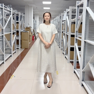 外贸尾单纯汉麻圆领短袖纯色款连衣裙A字版长裙透气吸汗夏季