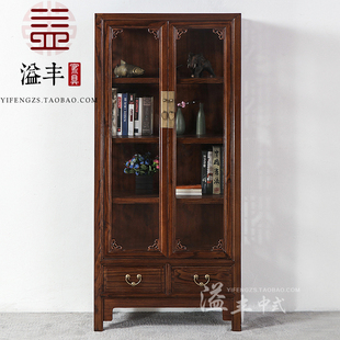 实木储物展示柜老榆木书架带门玻璃置物柜简约 玻璃书柜现代新中式