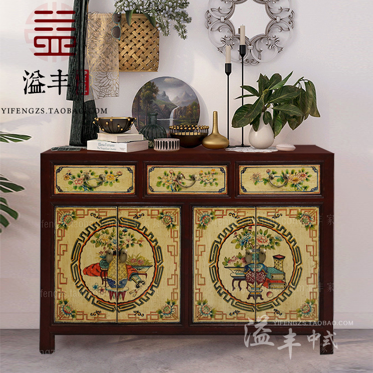 出口家具手绘做旧餐边柜复古柜子门厅玄关柜仿古新中式柜极美家具