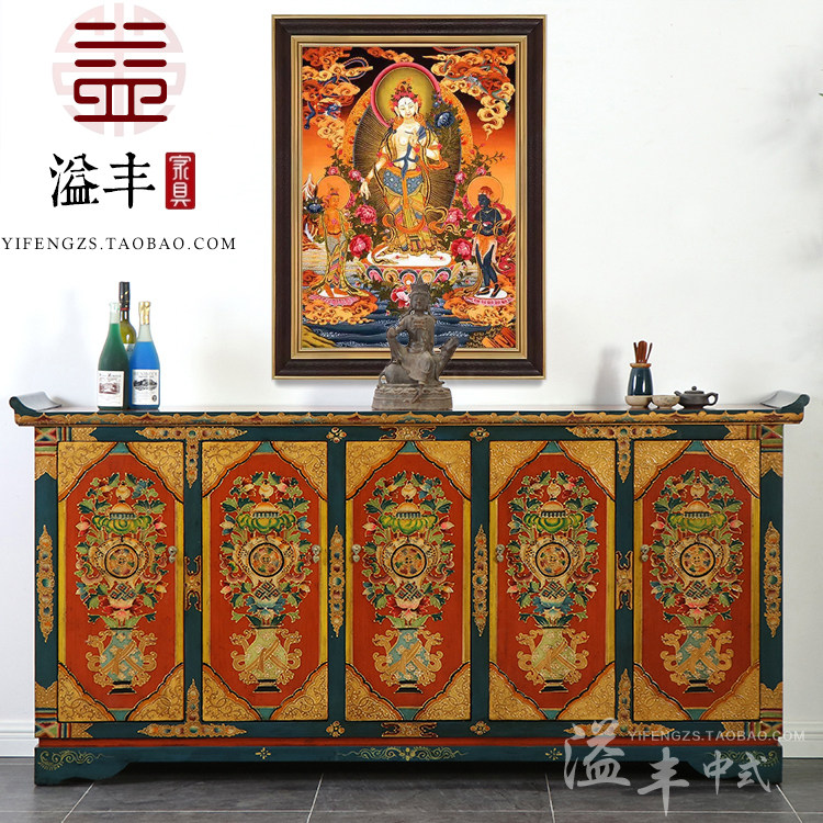 中式仿古典手绘藏式玄关柜餐边柜做旧储物翘头彩绘彩漆客厅装饰柜