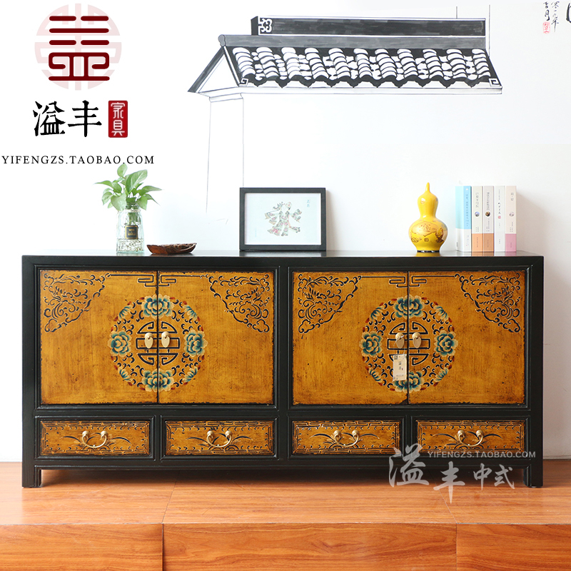 新中式仿古实木质玄关柜装饰柜复古手绘客厅餐边柜做旧鞋柜电视柜