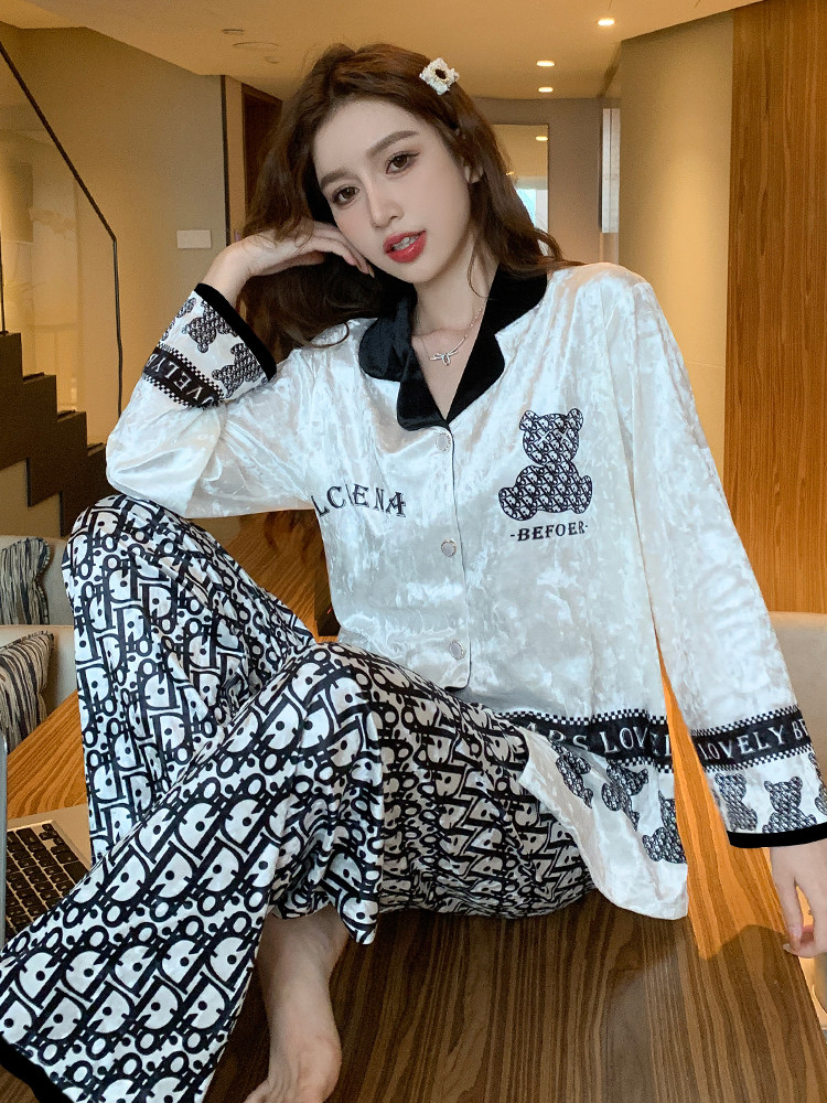 가을 겨울 유행 골드 벨벳 그물 연예인 곰 편지 다이아몬드 벨벳 카디건 작은 옷깃 홈웨어 세트 여성을위한 잠옷