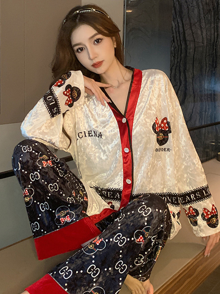 가을 겨울 유행 골드 벨벳 그물 연예인 곰 편지 다이아몬드 벨벳 카디건 작은 옷깃 홈웨어 세트 여성을위한 잠옷