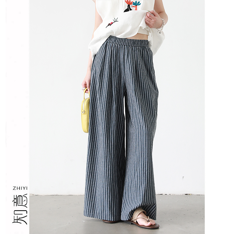 高腰显瘦百搭亚麻条纹阔腿裤
