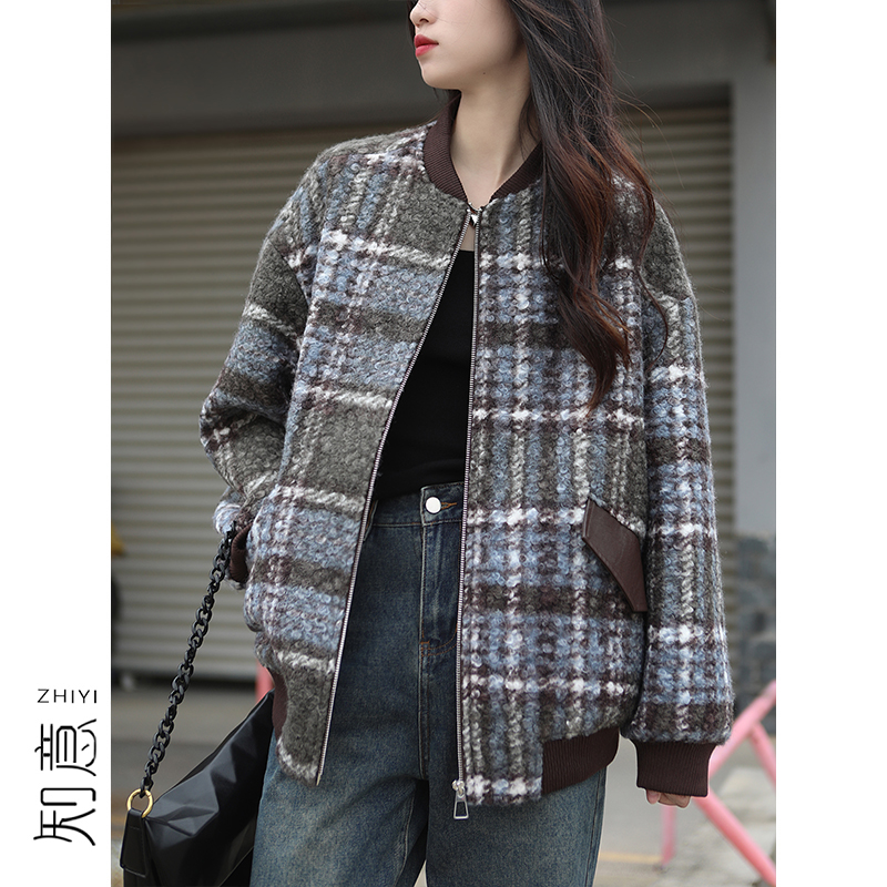 街头风格子撞色羊毛毛呢棒球服