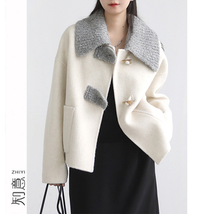 知意减龄撞色娃娃领双面呢外套女205年秋冬牛角扣羊毛呢子短大衣