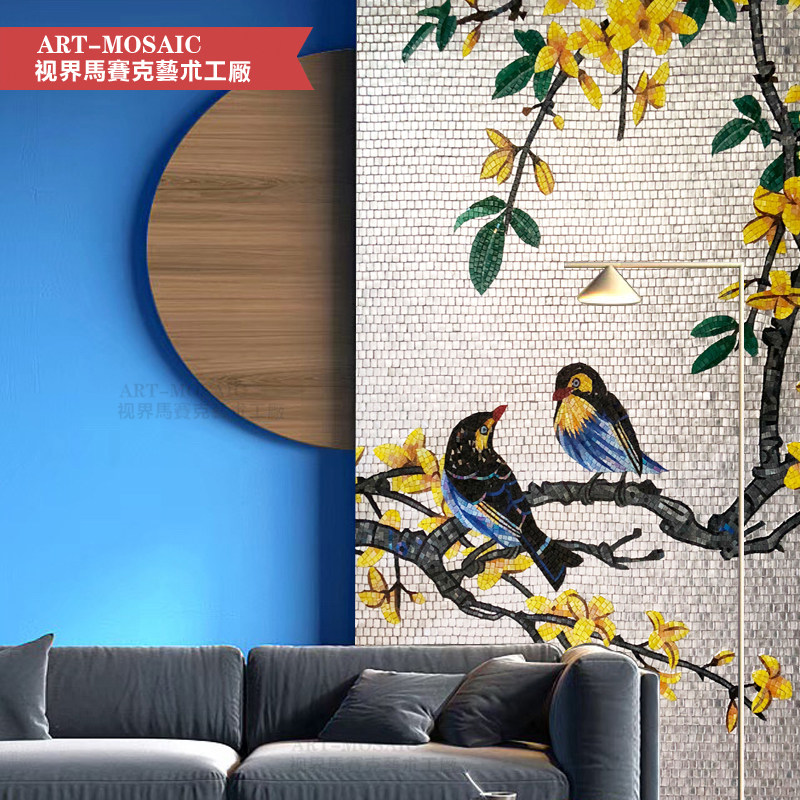 个性定制马赛克艺术剪画拼图瓷砖背景墙现代轻奢简约风格小鸟图