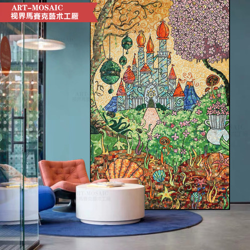 现代轻奢城堡森林马赛克壁画