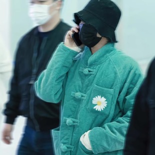 权志龙GD同款中国风绿色雏菊刺绣盘扣棉服秋冬加厚灯芯绒外套潮流