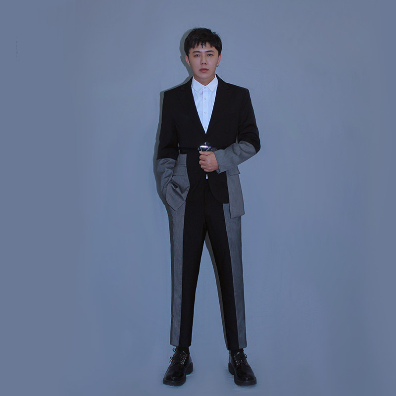 韩版拼接西服演出服外套男歌手主持人商务时尚修身西装男套装潮流