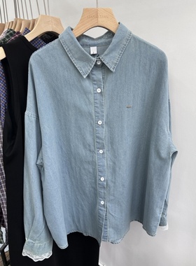 小王家82124春韩版宽松大码胖mm休闲慵懒风袖口花边长袖牛仔衬衫