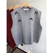 小王家3830早春韩版 宽松大码 胖mm慵懒休闲钉珠蝴蝶结针织毛衣马甲