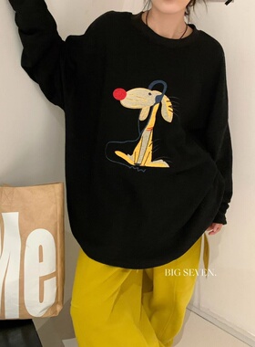 大7女78500冬季加绒印花卡通T恤韩版宽松大码胖mm慵懒松弛风卫衣