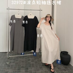 大7女装32972夏季韩版宽松大码胖mm慵懒松弛风百搭波点短袖连衣裙