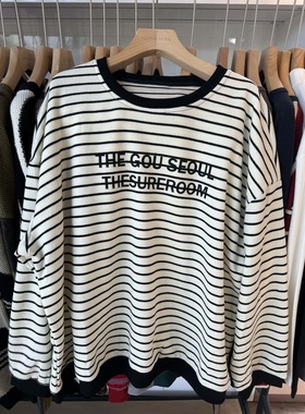 小王家52026秋女磨毛韩版宽松大码胖mm休闲慵懒圆领套头条纹卫衣