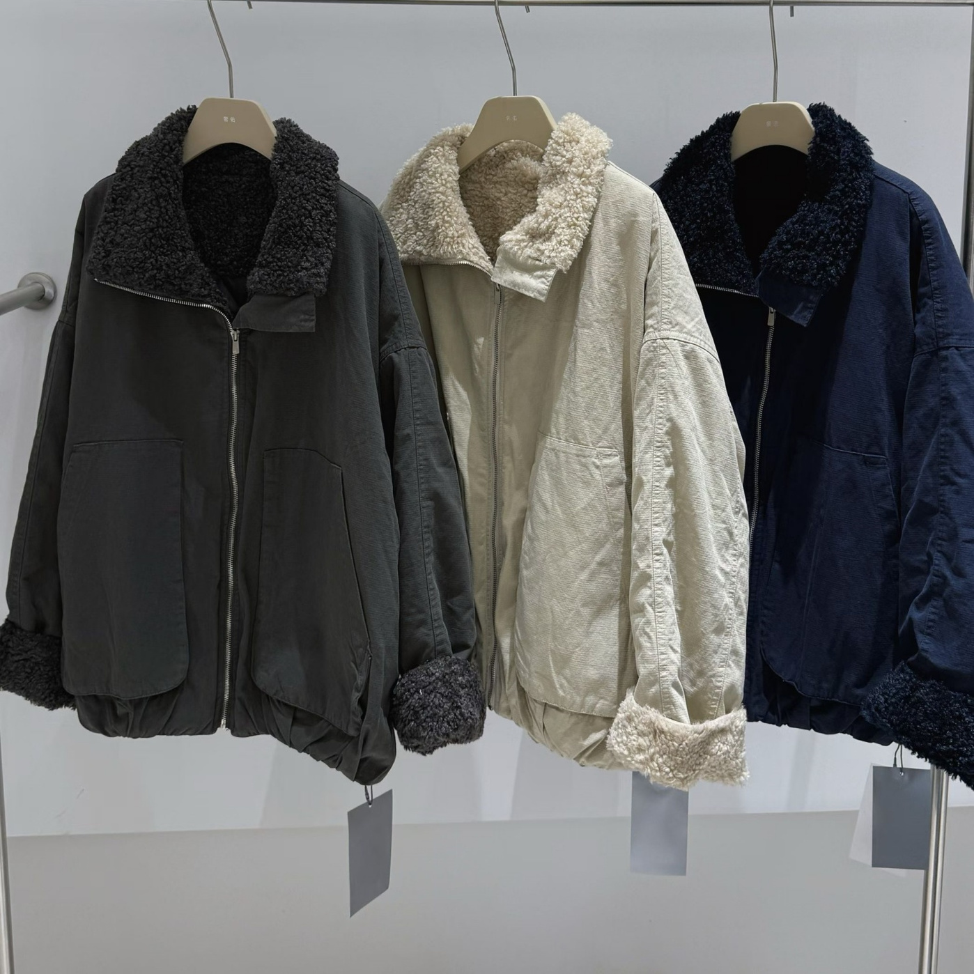 becabeau女36553冬韩版宽松大码胖mm休闲拼接羊羔毛加棉工装外套