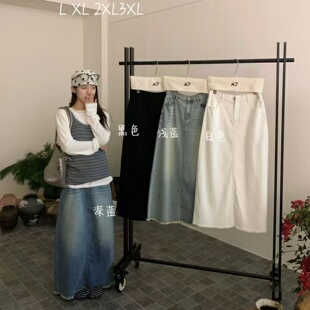 大7女K620春夏韩版 胖mm慵懒休闲风流苏边直筒牛仔半身裙 宽松大码