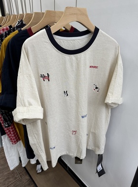 小王家90129夏季胖mm遮肉韩版宽松大码休闲慵懒风刺绣短袖T恤上衣