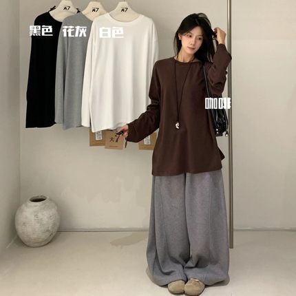 大7女装32632冬季韩版宽松大码胖mm慵懒松弛风磨毛背后一条杠T恤