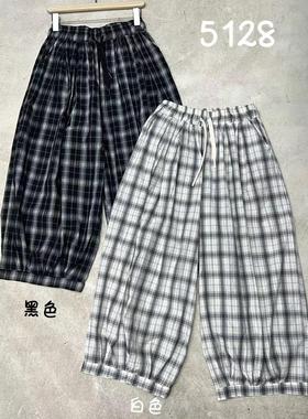 WE女装5128夏薄款萝卜裤松紧高腰日系宽松大码胖mm休闲复古格子裤
