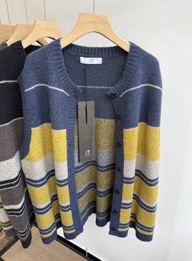 小王家19965秋冬新品宽松大码胖mm慵懒休闲拼色条纹开衫毛衣马甲