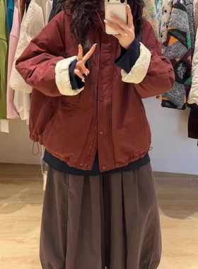 WE女45948冬酷飒宽松大码胖mm慵懒休闲加厚连帽抽绳口袋棉服外套