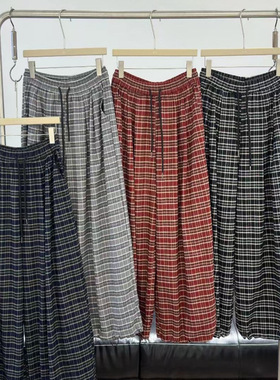 becabeau女装161116秋韩版宽松大码胖mm休闲格子束脚阔腿灯笼长裤