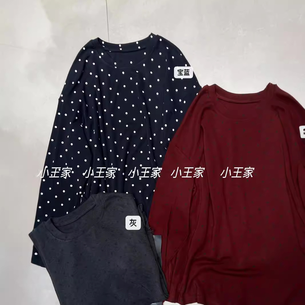 小王家23020秋冬韩版宽松大码胖mm休闲慵懒风复古圆领波点长袖T恤