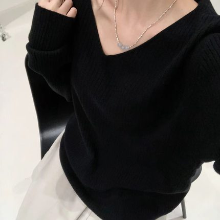 大7女M12578秋冬时尚V领宽松大码胖mm慵懒百搭内搭针织衫打底上衣