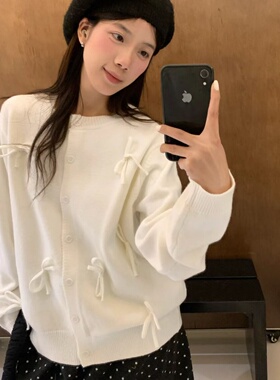 大7女装M12689冬韩版宽松大码胖mm慵懒风蝴蝶结圆领针织毛衣外套