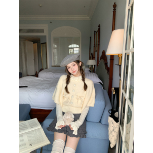 2色抗起球斗篷针织披肩毛衣秋冬蝴蝶结收腰上衣 北国甜心 BLUE