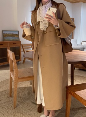 饭小队 英伦风温柔风衣款驼色大衣驼色900克双面尼羊毛大衣