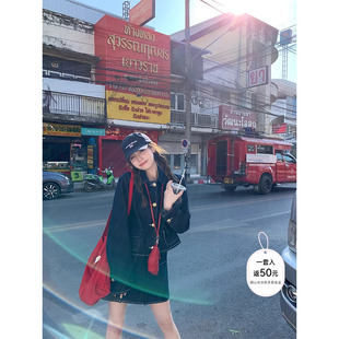 FF BLUE 时髦丹宁 复古经典百搭小金扣外套A字半裙牛仔明线套装女