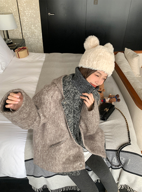 FF BLUE 雾隐松茸 阿尔巴绒60羊毛翻领短款大衣连帽撞色拼接外套