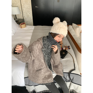 阿尔巴绒60羊毛翻领短款 雾隐松茸 大衣连帽撞色拼接外套 BLUE