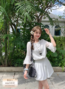 FF BLUE 海岛鸡蛋花 初恋感白色苎麻上衣温柔打揽设计感半裙套装