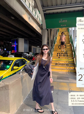 FF BLUE 周末留白 春季踏青2色收腰系带拼接背心裙A字无袖连衣裙