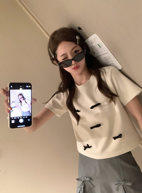 FF BLUE 乌龙奶泡 修身短款坑条短袖T设计感白色上衣蝴蝶结可拆卸