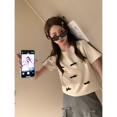 FFBLUE白色短袖T蝴蝶结可拆卸