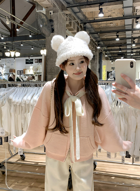 FF BLUE 山上桃桃 30羊毛2色蝴蝶结撞色针织开衫软糯短款毛衣外套