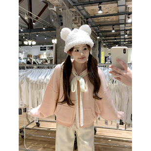 软糯短款 30羊毛2色蝴蝶结撞色针织开衫 山上桃桃 毛衣外套 BLUE