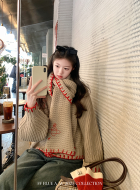 FF BLUE 西*土星 华夫格针织纽扣针织开衫显瘦圆领纽扣长袖毛衣女