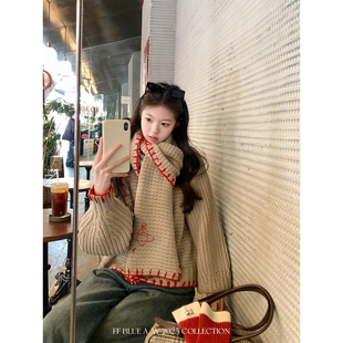 FF BLUE 西*土星 华夫格针织纽扣针织开衫显瘦圆领纽扣长袖毛衣女