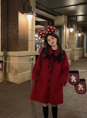 FF BLUE 圣诞信使 50羊毛娃娃领双面尼红色大衣氛围感中长款外套