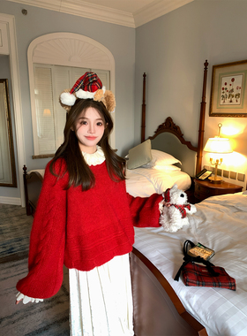 FF BLUE新年礼物 节日感红色灯笼袖羊毛毛衣经典宽松柔软圆领上衣